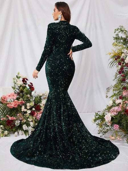 Mock Neck Mesh Panel Sequin Prom Dress